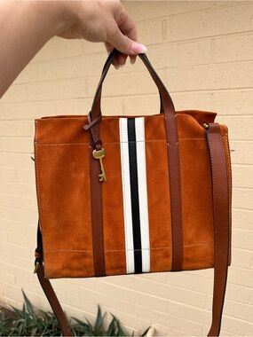 Fossil suede Stripe Tote Bag - Rust Brown